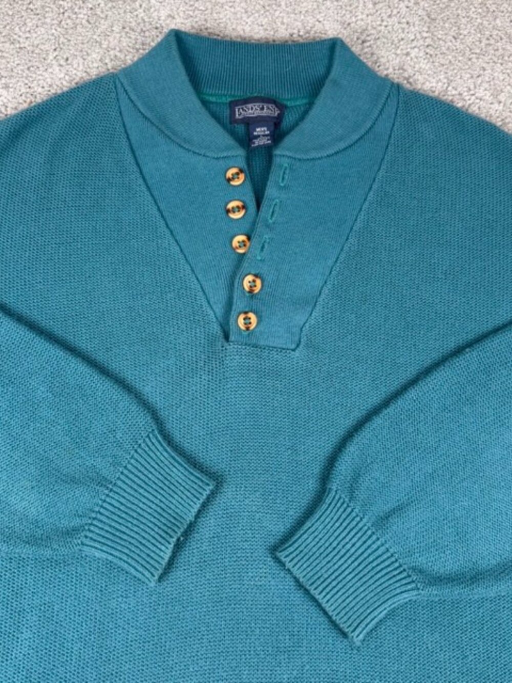Vintage Lands' End Sweater Men L Turquoise Mock Neck Henley Made USA Cotton Knit